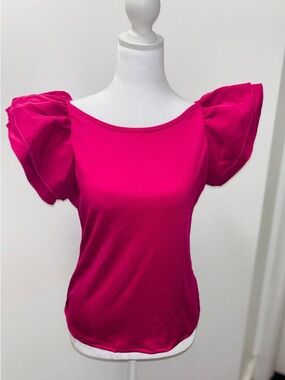 SHEIN Bright Fuchsia Puff Sleeve Scoop Neck Top